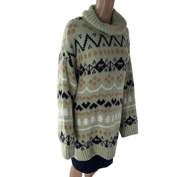 Anthropologie Green Fair Isle Turtleneck Tunic Pullover Sweater - Picture 6 of 11